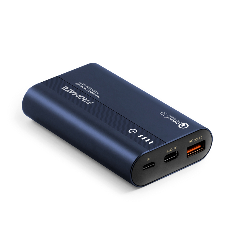 Promate 10000mAh PowerTank-10 USB-C Power Bank, Compact Palm Size 18W USB Type-C Input /Output Power Delivery External Battery Charger with QC 3.0 Port for iPhone XS /XS Max, Samsung S9/S9+, Blue